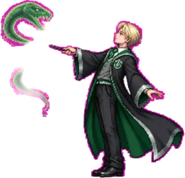 Draco Malfoy — sprite de duelista chibi en píxeles, transparente