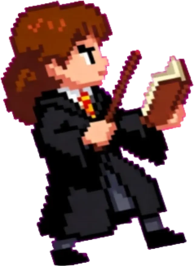 Hermione Granger — sprite de duelista chibi en píxeles, transparente