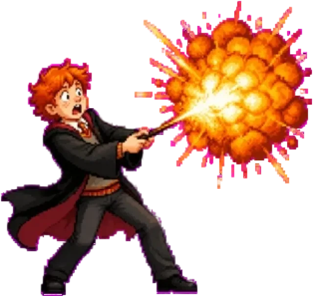 Ron Weasley — sprite de duelista chibi en píxeles, transparente