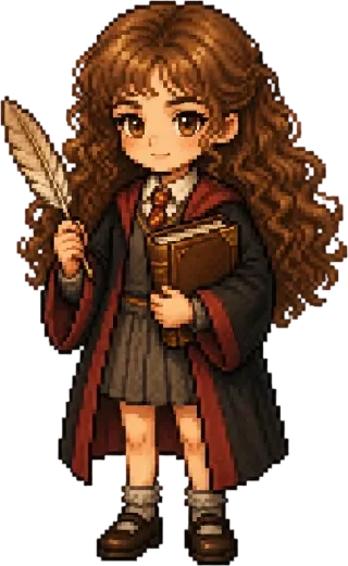 Sprite em pixel chibi de Hermione Granger, transparente