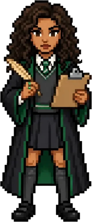 Sprite em pixel de professora de vestes negras, transparente