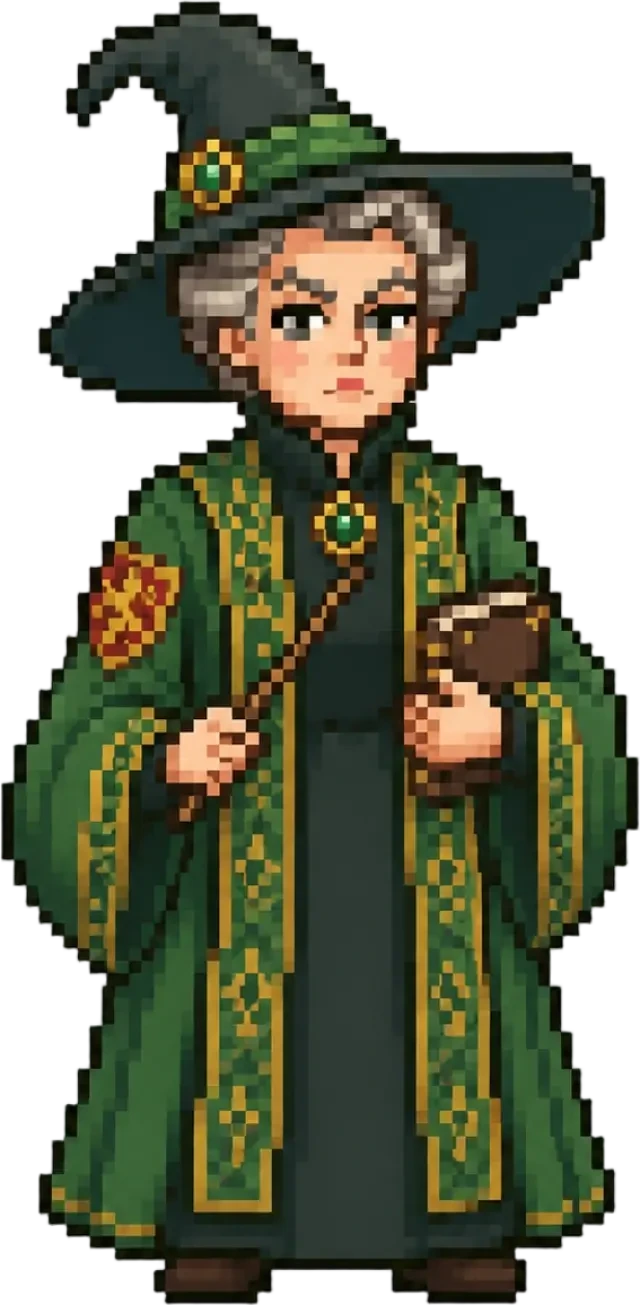 Pixel-Sprite eines Professors in grüner Robe, transparent