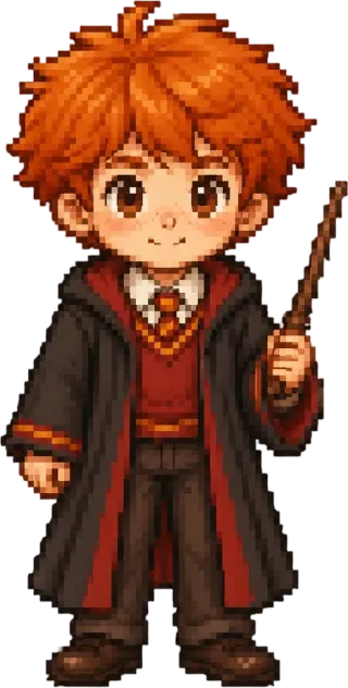Sprite em pixel chibi de Ron Weasley, transparente