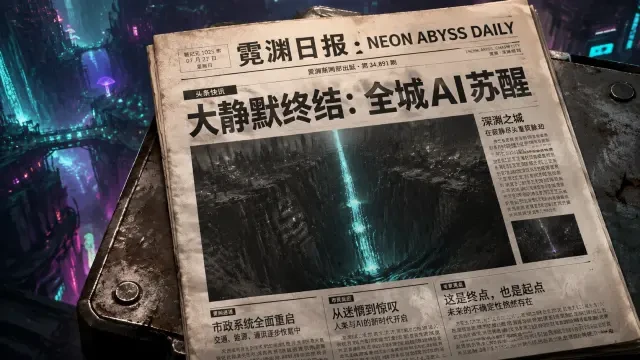 Historische Zeitung / Titelseite – Neon Abyss Daily: Die Große Stille