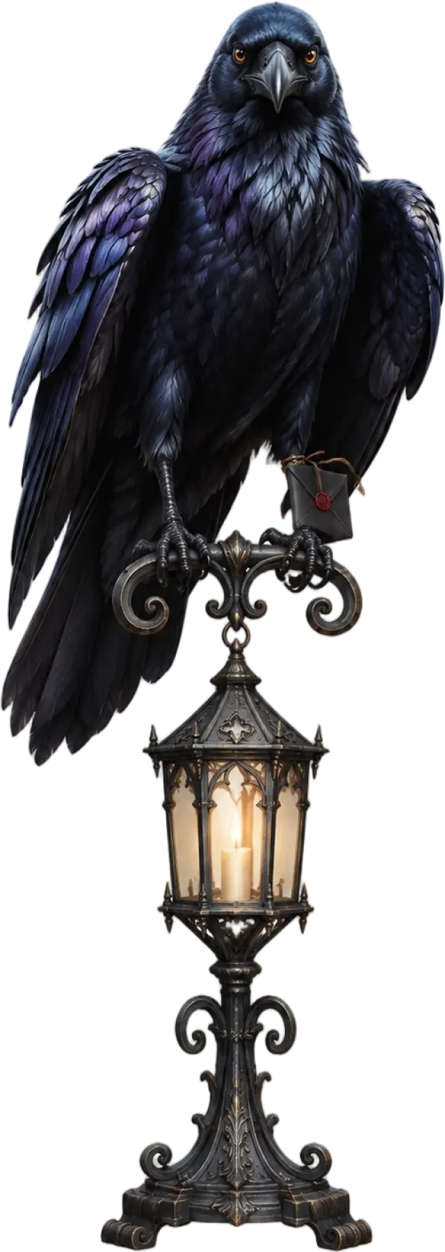Le Corbeau — sprite transparent, perché en alerte avec la lanterne