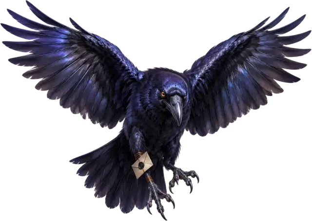Le Corbeau — sprite transparent, ailes déployées en vol