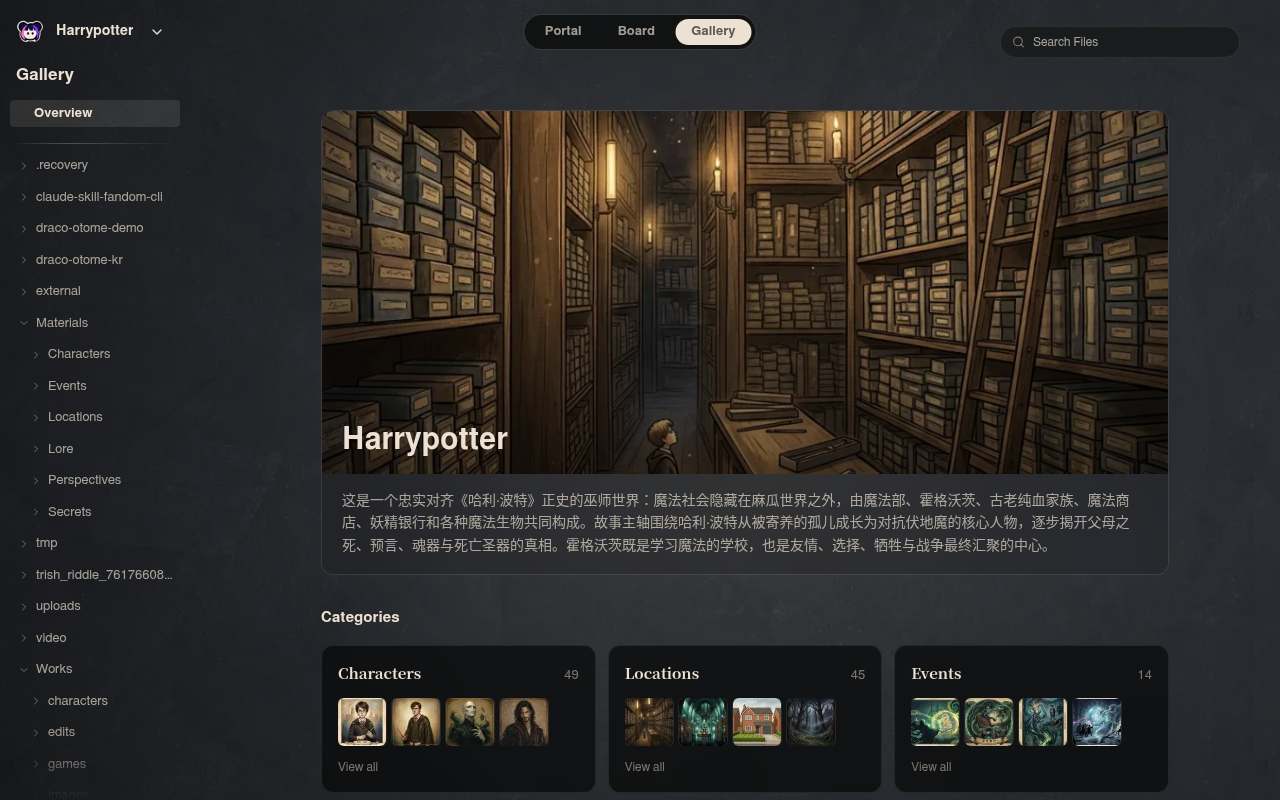 Neta Studio — vue d'ensemble de la galerie du monde Harrypotter et dossiers d'actifs (vue Galerie)