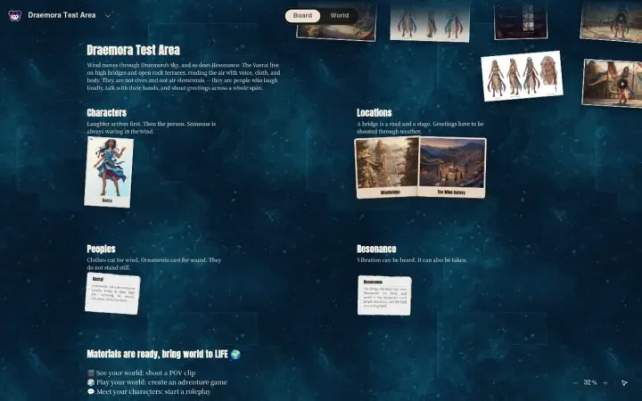 Neta Studio — Weltenboard des Draemora-Testbereichs (Board-Ansicht)