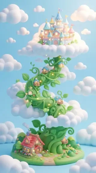 The beanstalk winding to the sky castle — scene artwork from Disordered Fairytales