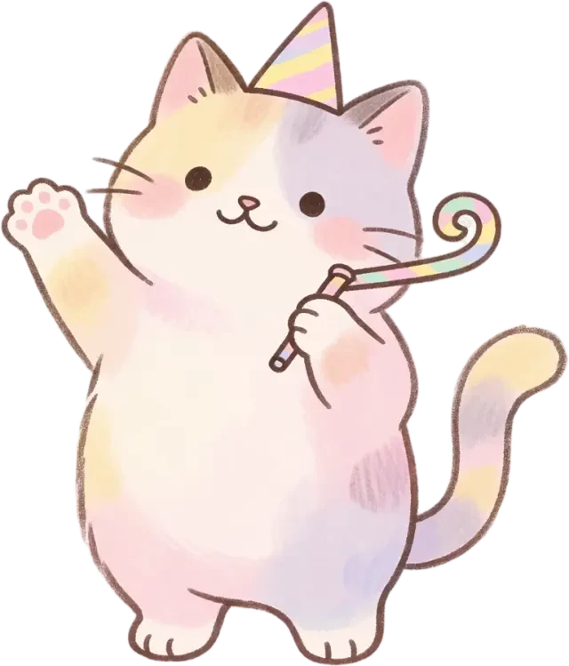 Katze mit Partytröte, winkend, Sprite — transparentes PNG