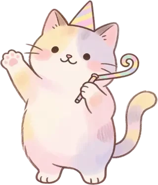 Sprite der winkenden Katze mit Partypfeife — transparentes PNG