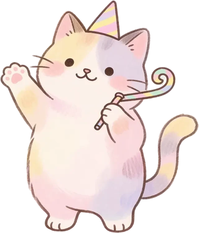Sprite der winkenden Katze mit Partypfeife — transparentes PNG