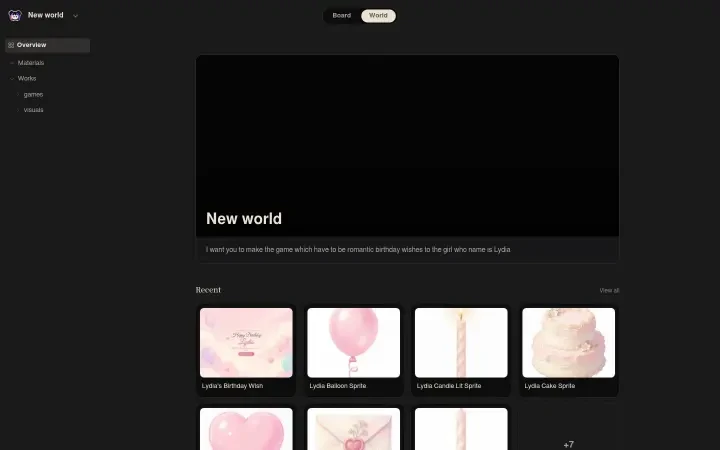 Neta Studio — the World overview with Materials and Works tree