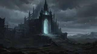 Fondo de la Puerta de la fortaleza — una inmensa puerta descendente y un puente desde una ciudadela del cielo sobre una carretera de piedra en ruinas