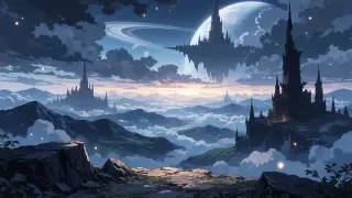 Fondo del mirador inicial — mirador rocoso sobre un mar de nubes, ciudadelas en ruinas y una fortaleza flotante bajo un planeta anillado