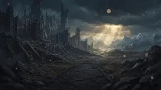 Fondo de Ciudad en ruinas — muros de ciudadela góticos negros, terrazas colapsadas y una carretera de piedra vacía bajo la luz de la tormenta
