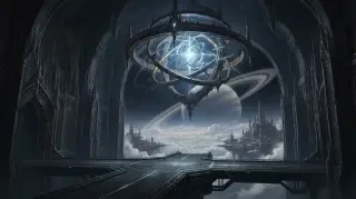 Fondo del Corazón de Señal — cámara oscura monumental con un núcleo de energía azul y blanco suspendido que se abre a un mar de nubes