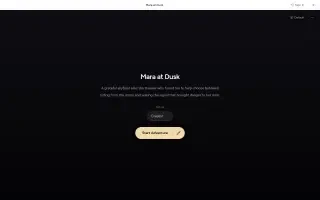 Pantalla de inicio del rol Mara at Dusk — título, premisa y botón Comenzar aventura