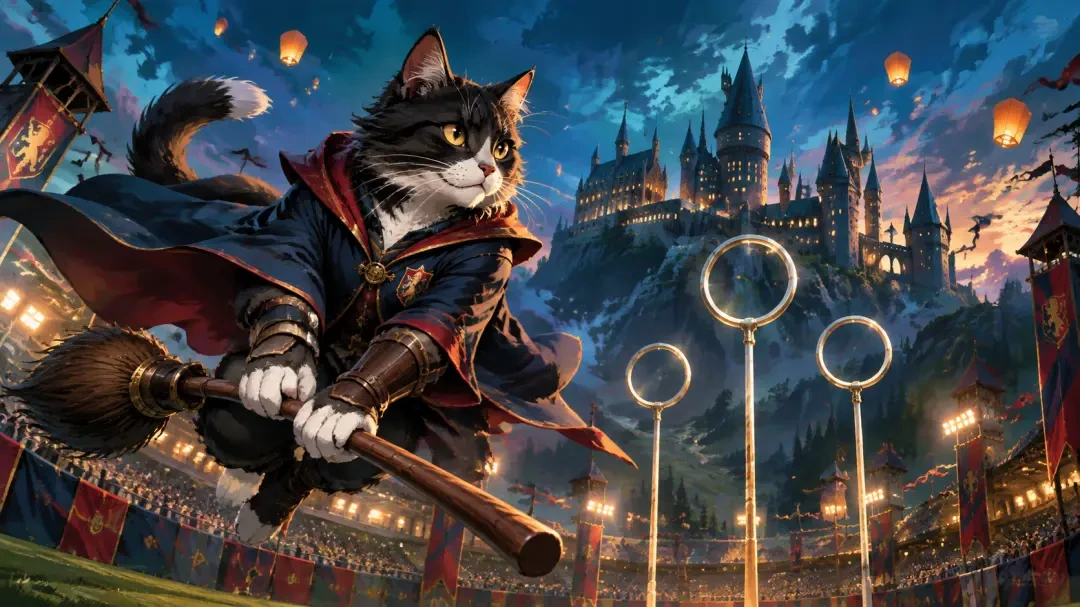 Meowarts : Skybound Cup — un roman visuel de Quidditch félin créé par IA