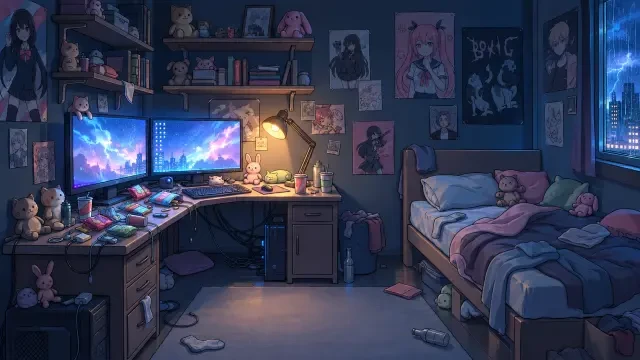 Fondo — dormitorio en una noche de lluvia
