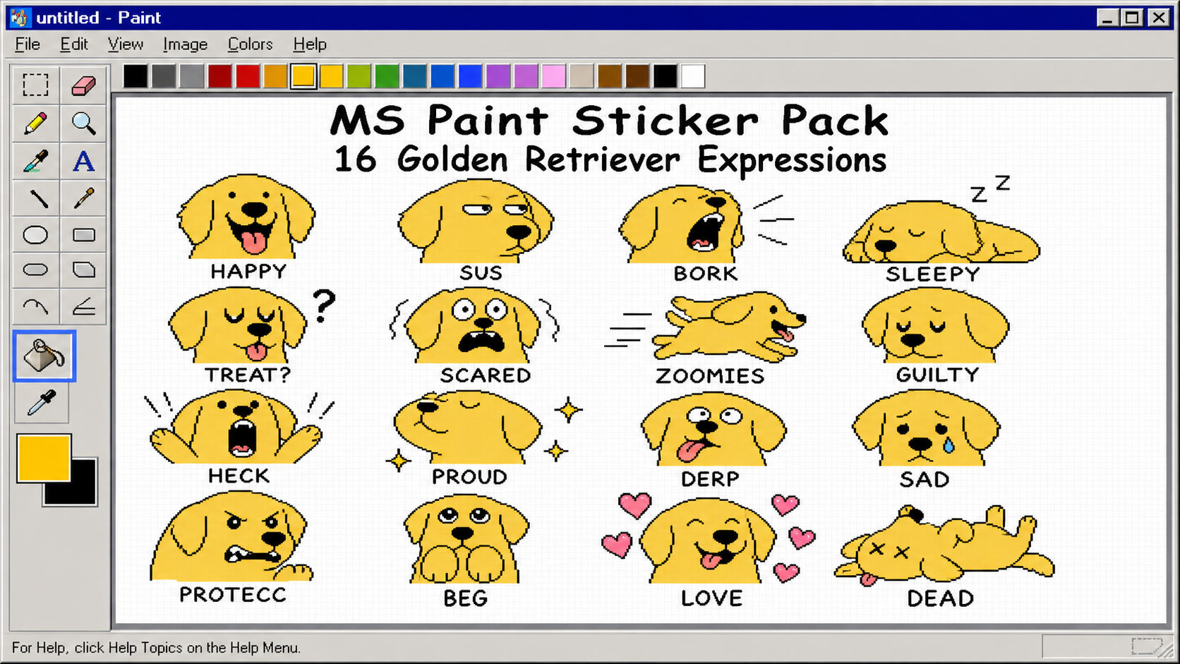 Pacote de Figurinhas do MS Paint: 16 Expressões de Golden Retriever