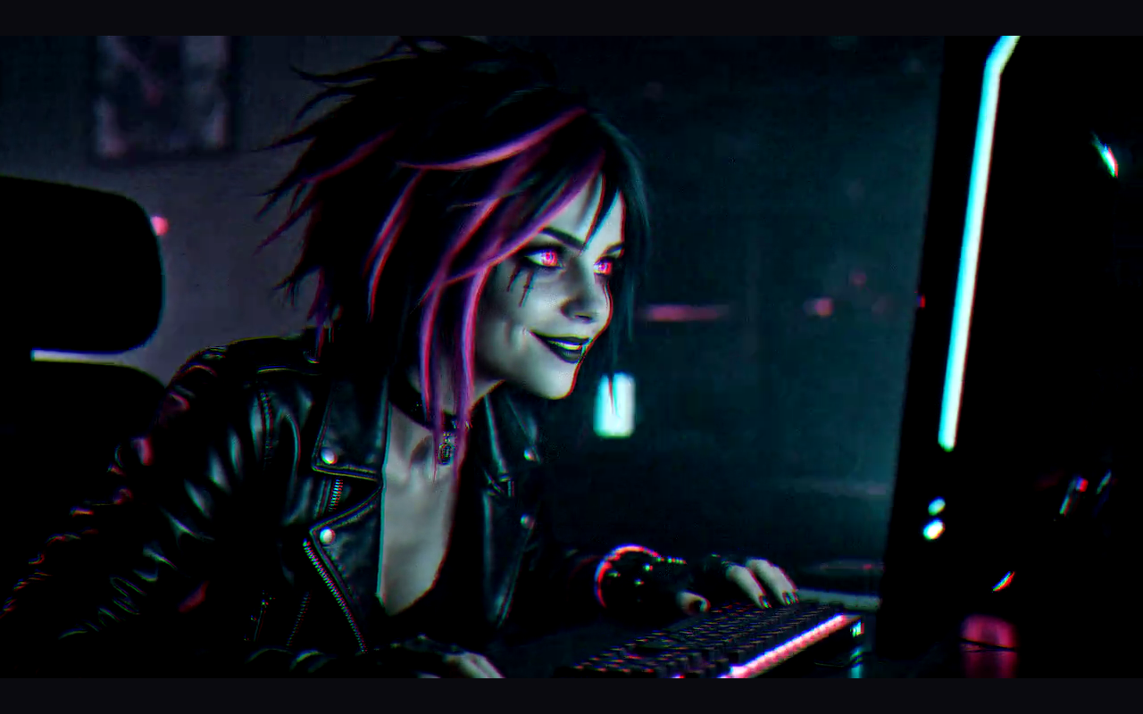 Einzelbild aus dem fertigen Video — die Gothic-Punk-Frau an ihrem Computer