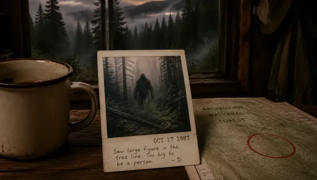 Polaroid: Kryptid-Sichtung im Wald — Vintage-Foto im Found-Footage-Stil