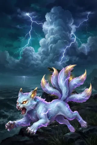Vorschau der Raiju-Kartenmontage — die transparente Donnerbestie über der Sturm-Schrein-Hintergrundplatte zusammengesetzt