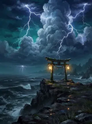 Einzelbild des finalen Videos bei 0,5 Sekunden — Blitze, die sich durch den Wolkenturm über dem Schrein-Tor verzweigen