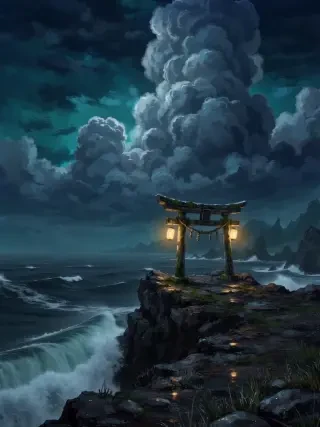 Einzelbild des finalen Videos bei 3 Sekunden — der Wolkenturm wogt und das Meer bricht gegen die Klippe