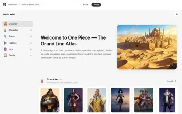 Neta Studio — Übersicht des One Piece — The Grand Line Atlas World Wiki mit Einstiegskunst und dem Charakterregal