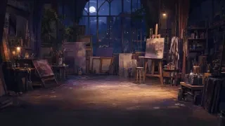 장면 배경 — 밤의 라파엘 작업실