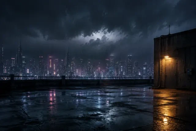 Scene background — the rooftop in rain