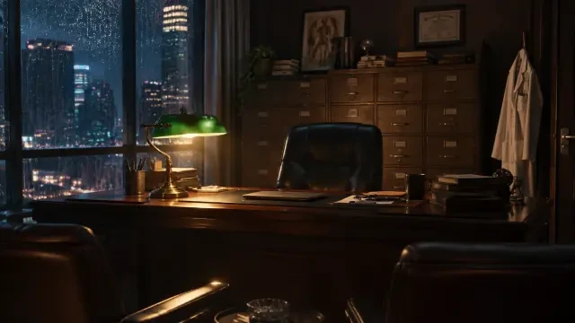 Scene background — the chief surgeon's private office at night