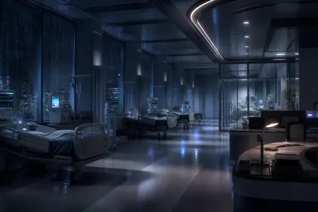 Scene background — the night cardiac intensive-care ward of St. Meridian