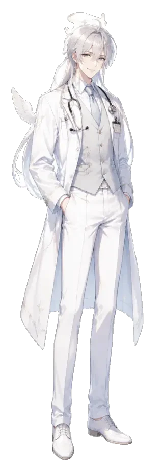 Sariel — full-body standee in the white medical coat, transparent sprite