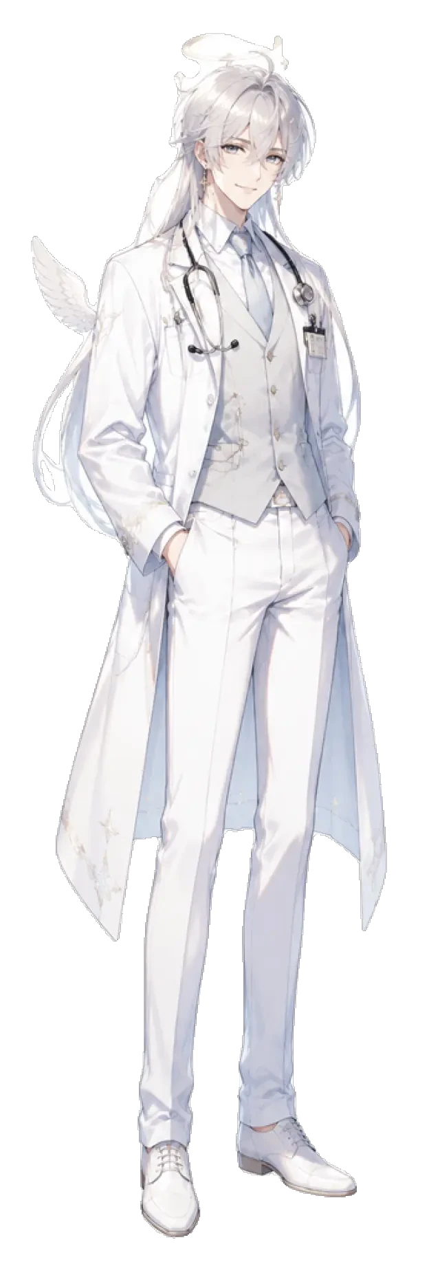 Sariel — full-body standee in the white medical coat, transparent sprite