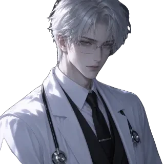 Sariel — half-body portrait with glasses and stethoscope, transparent sprite