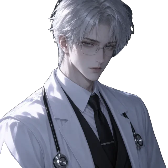 Sariel — half-body portrait with glasses and stethoscope, transparent sprite