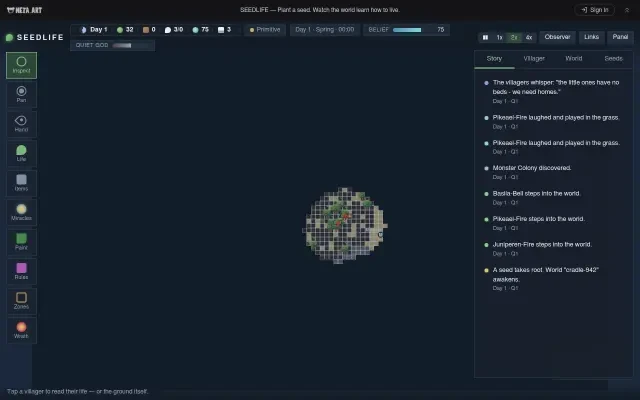Gameplay — der Story-Feed bei 2-facher Geschwindigkeit