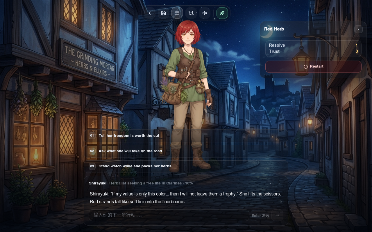 Gameplay — das Figurenpanel mit Entschlossenheits- & Vertrauensanzeigen