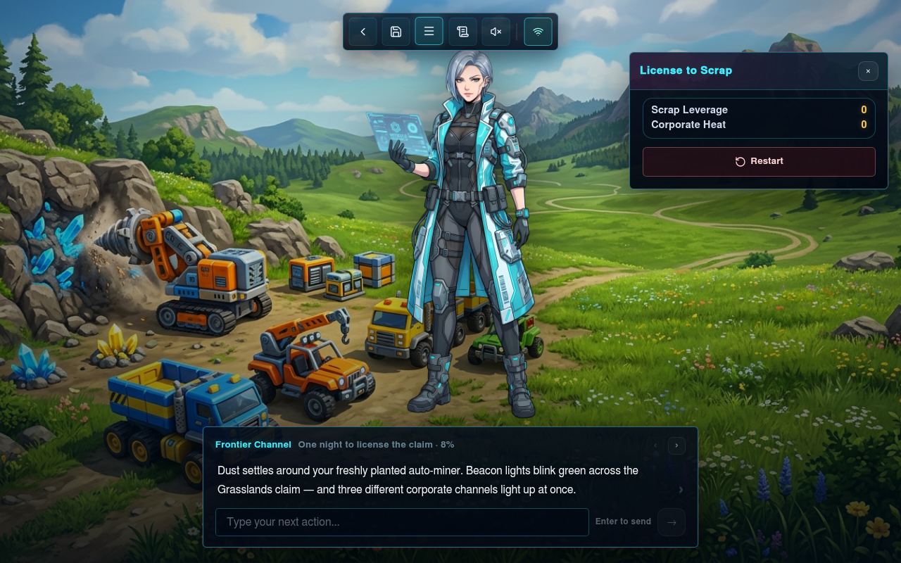 Gameplay — the cast panel with Scrap Leverage and Corporate Heat