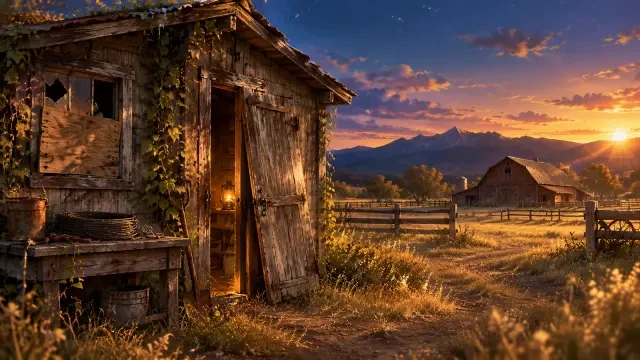 Fondo de escena — el Cobertizo Viejo al atardecer