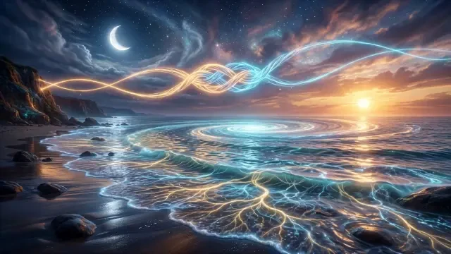 Frame aus dem finalen Video — leuchtendes Wasser am Spiralhorizont