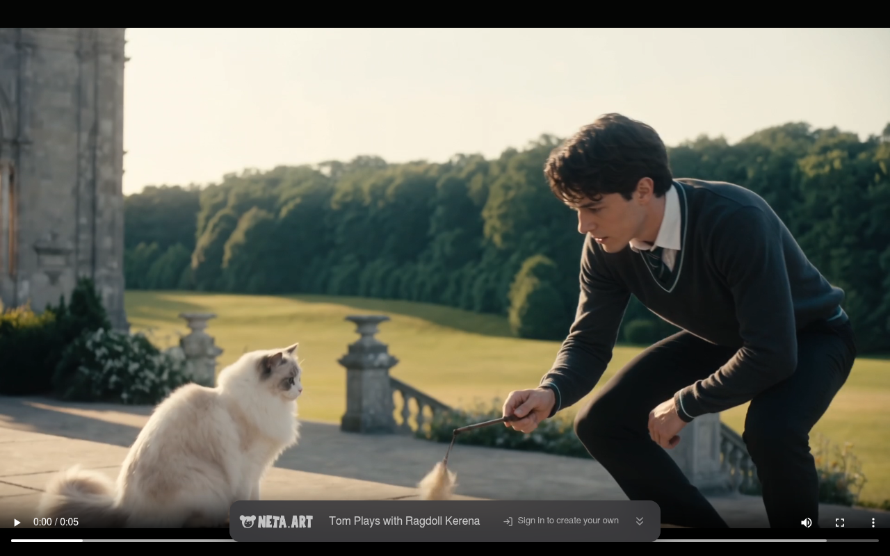 Tom Plays with Ragdoll Kerena frame 0:00 — the feather lowers