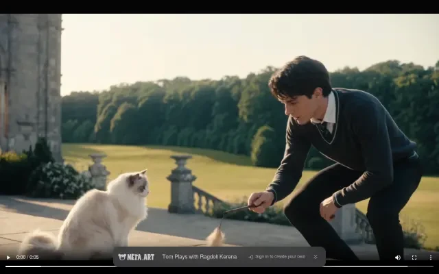 Tom Plays with Ragdoll Kerena frame 0:00 — the feather lowers