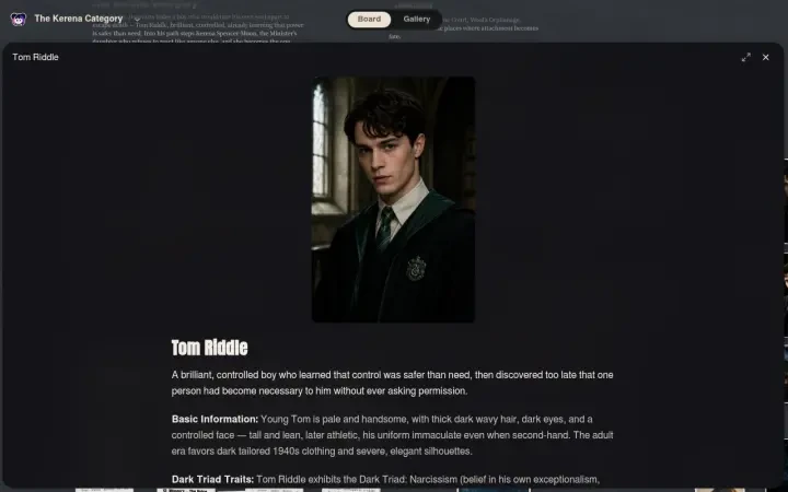 Neta Studio — Tom Riddle atom detail opened on the board