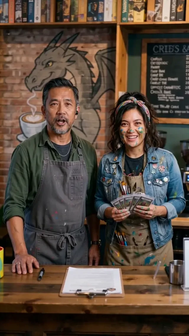 Frame from the final video — Max and Lena at the check-in counter