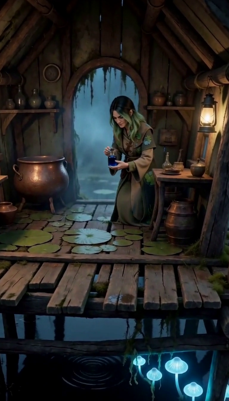 Standbild aus dem finalen Video – Moss verschließt den Trank in der Pfahlhütte