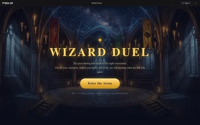 Wizard Duel Gameplay — der Titelbildschirm im Duellsaal